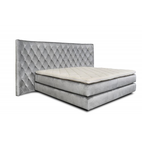 Pat boxspring Lugano Curbat, catifea naturala, Inaltime Capat 140 cm, Saltea Inclusa, Topper Inclus